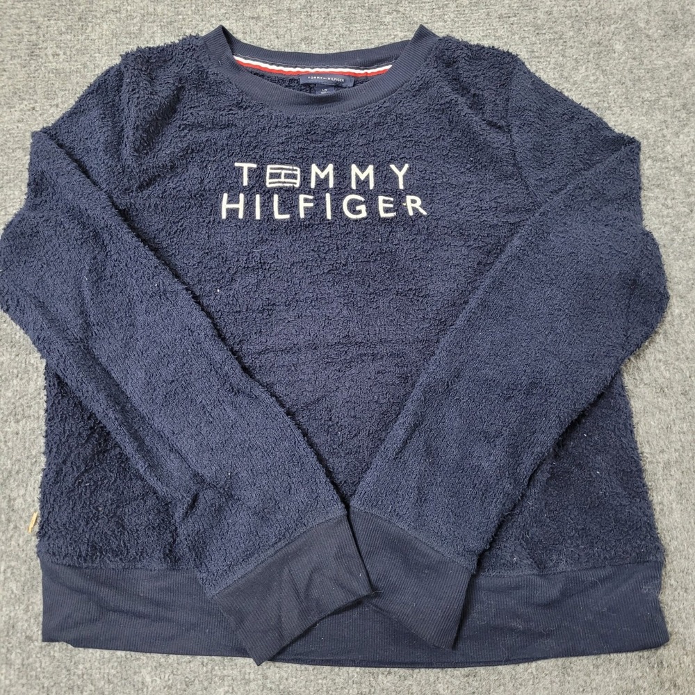 Tommy Hilfiger Sweatshirt Womens Size L Blue Sherpa Fleece Logo Crew Neck Top